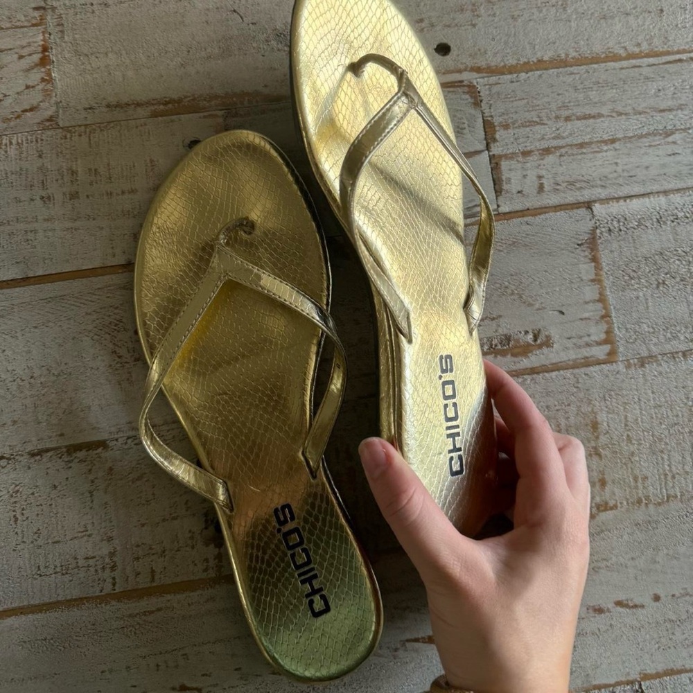 Chicos gold flip flops! Elevates any summer outfit